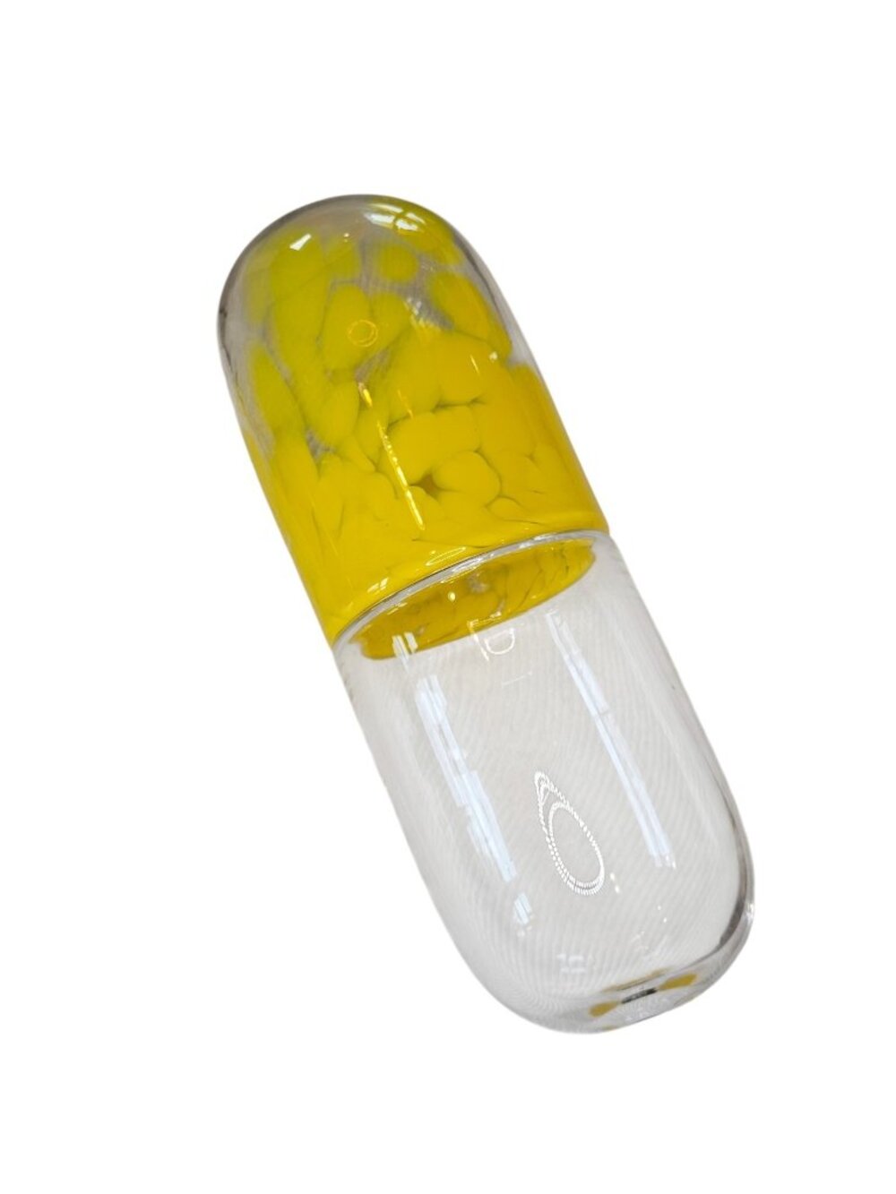 VTG Blown Glass Pill Capsule Sculpture Art Glass Clear Yellow 10" Maximalist
